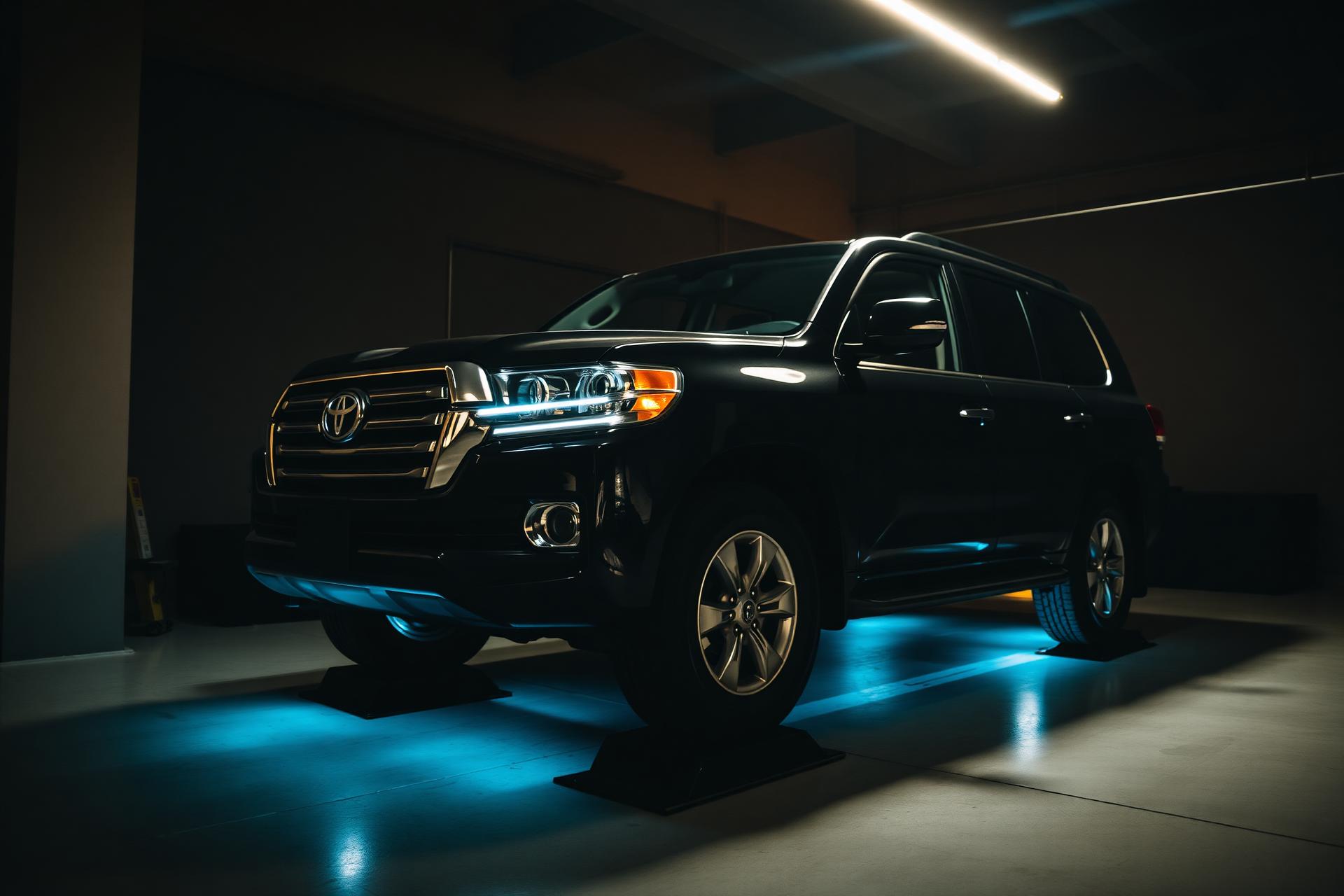 Black Land Cruiser on a lift inside Black Horse Motors workshop in Musaffah, Abu Dhabi